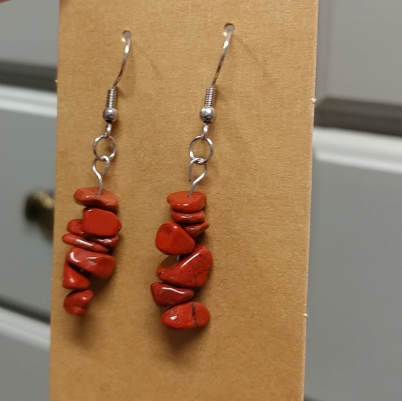 Red Jasper Earrings Natural Gemstone Chip Beaded Surgical Stainless-Steel Dangle - Picture 7 of 12
